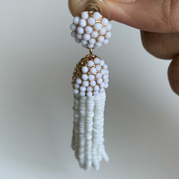 White Beaded Tassel Capped Drop Stud Earrings - Picture 4 of 5